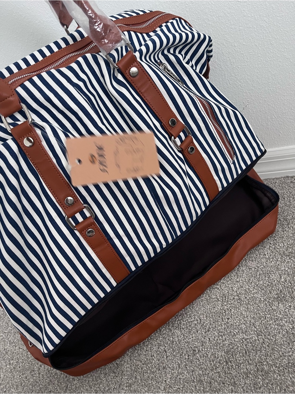 Striped Navy and White Travel Weekender Bag with Brown Leather Trim - Picture 3 of 8